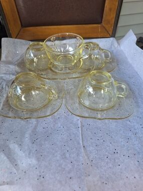 Vintage Yellow Glass Tea Cup & Saucer Set - 5 Sets